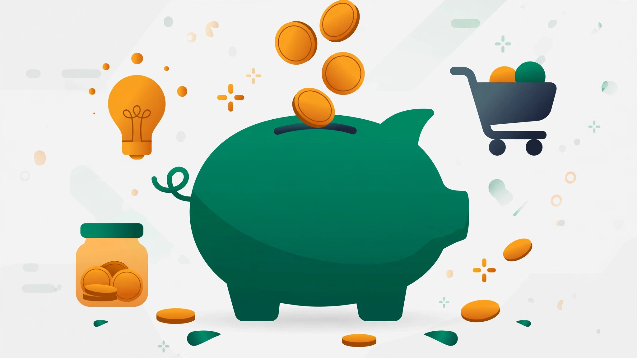 Flat illustration of a green piggy bank with coins dropping in, surrounded by a light bulb, shopping cart, and savings jar icons