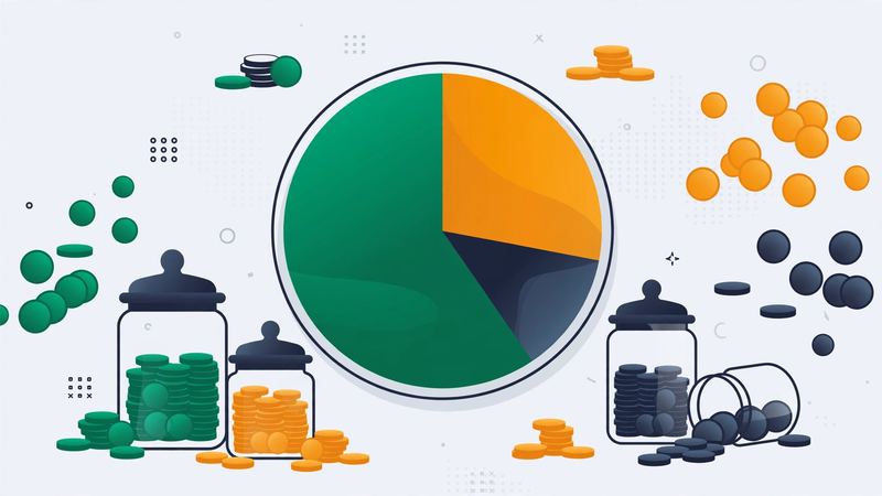 Flat illustration of a pie chart split into three proportionally sized segments surrounded by coins and savings jars