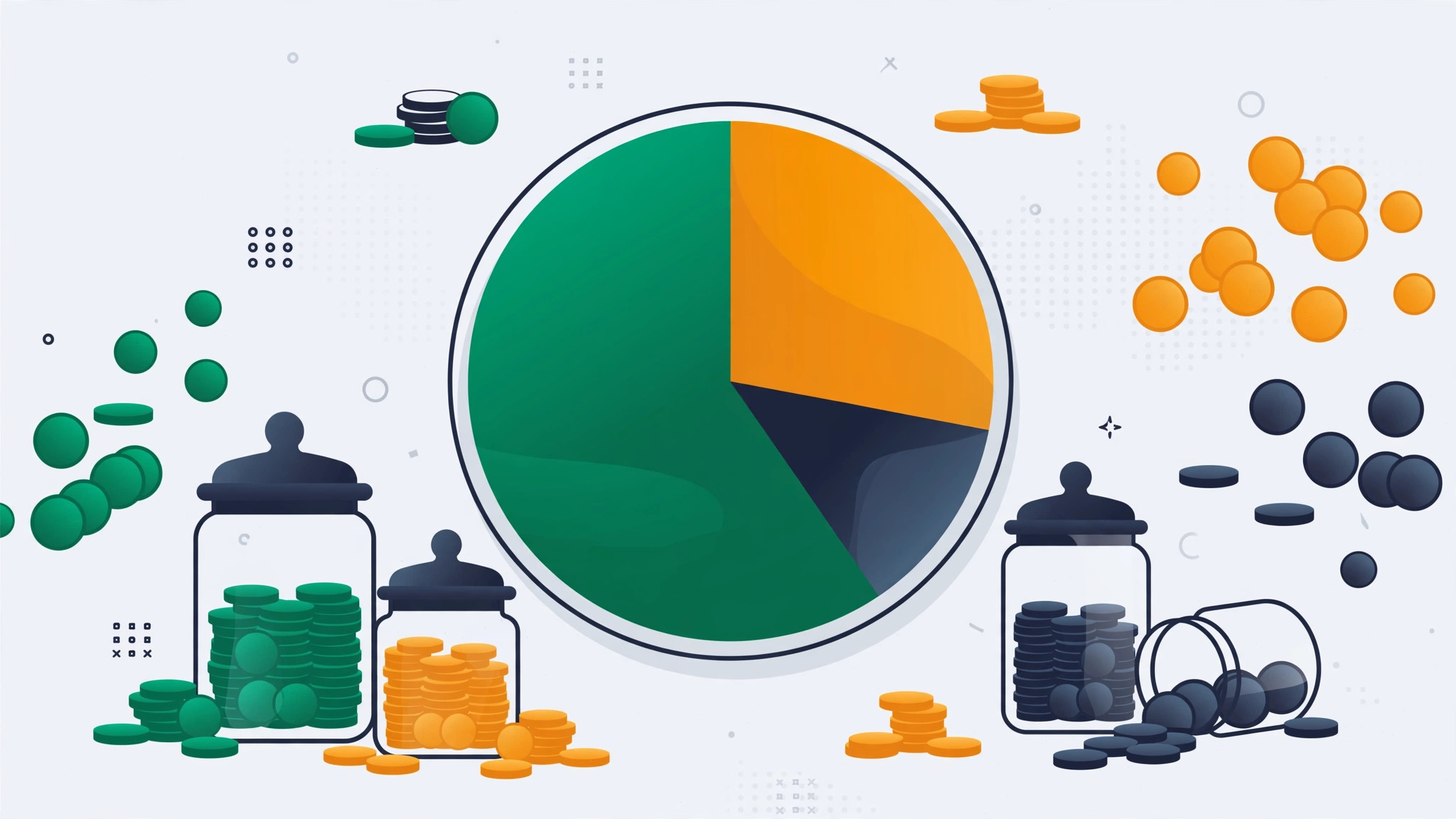 Flat illustration of a pie chart split into three proportionally sized segments surrounded by coins and savings jars