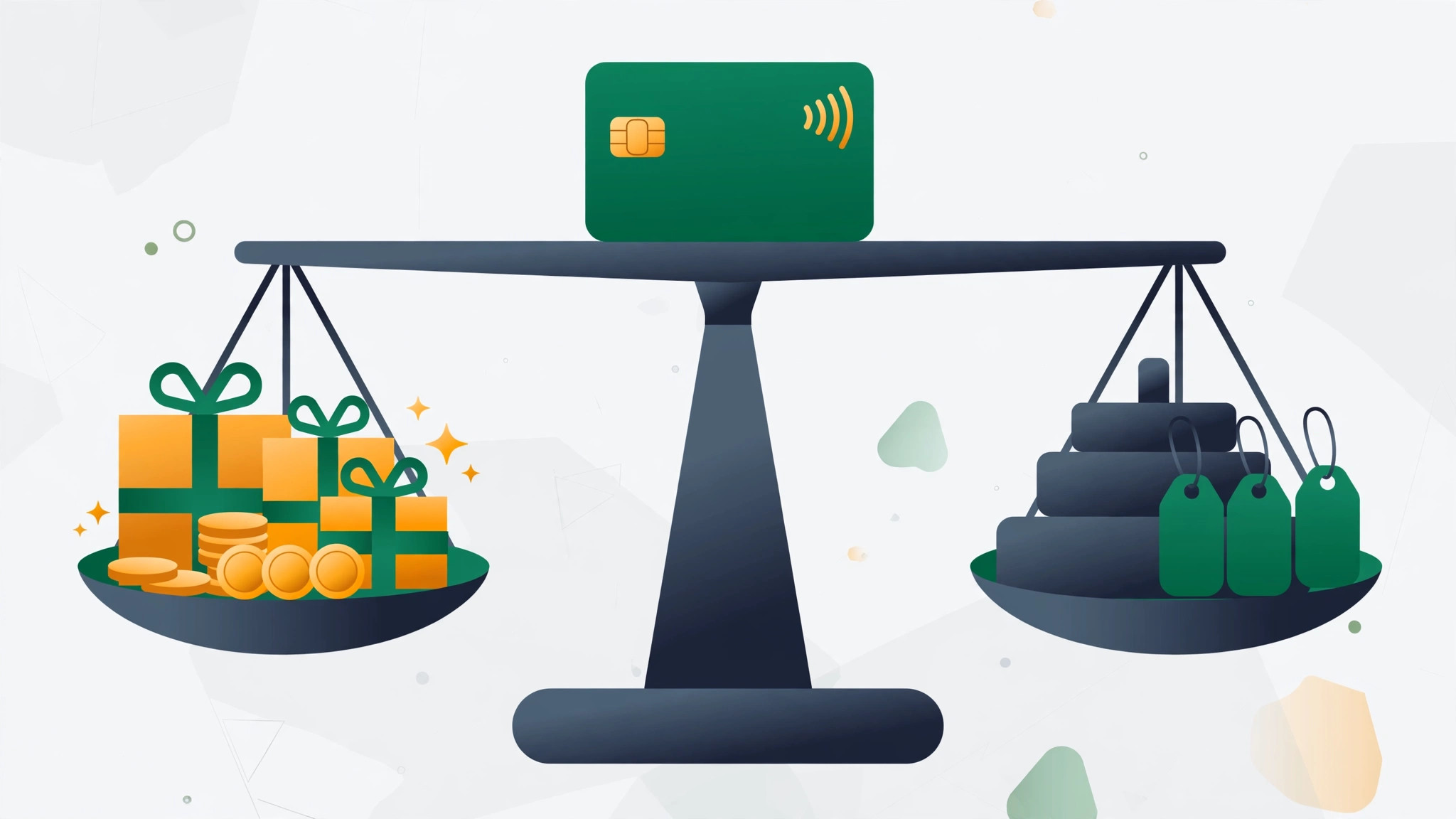 Flat illustration of a credit card on a balance scale with gift boxes and coins as rewards against heavy weights and fees