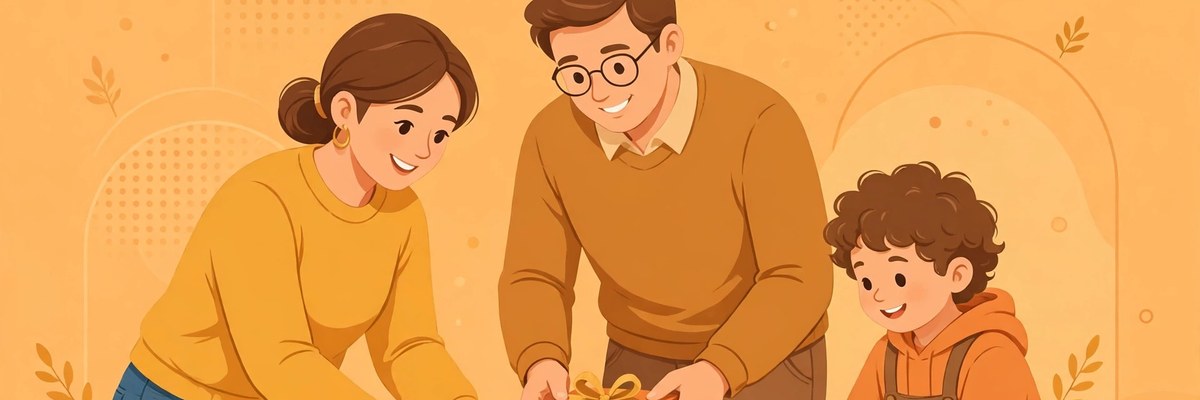 Flat illustration of a family arranging diyas and gift boxes around a table with a small notebook and coins, warm orange and gold tones