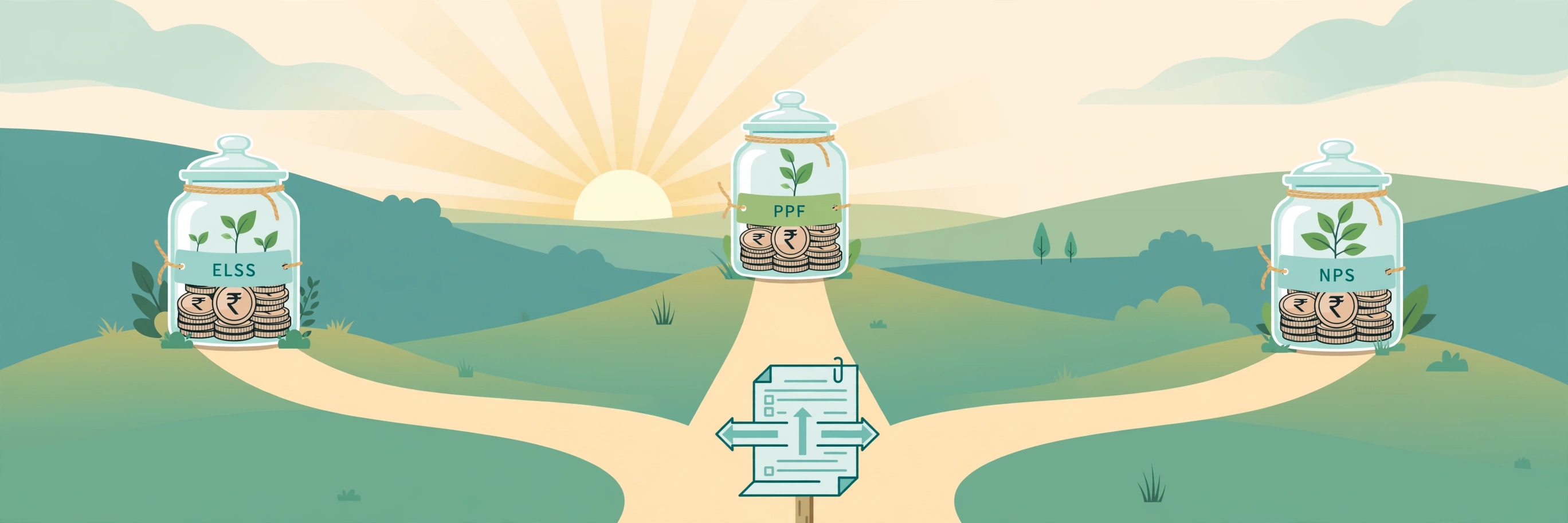 Flat illustration of three glass jars labelled ELSS, PPF and NPS filled with rupee coins and growing plants, where three roads meet beside a tax-form signpost