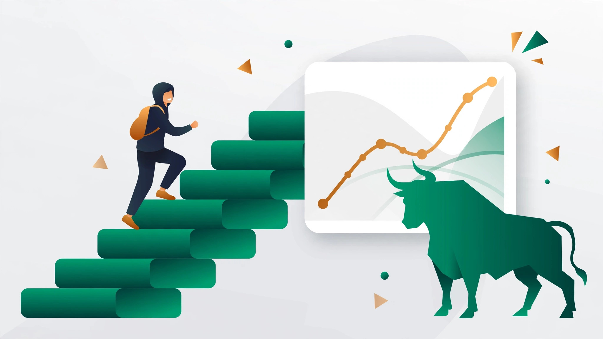 Flat illustration of a beginner climbing steps toward a rising stock chart with a bull silhouette beside it