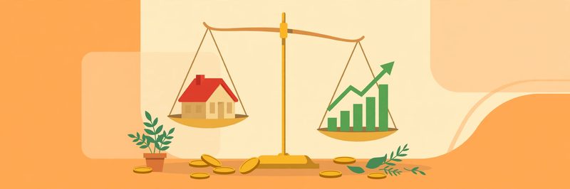 Flat illustration of a balance scale weighing a small house on one side against a rising green growth chart on the other, gold coins scattered around the base, warm orange and cream colours, no text in the image