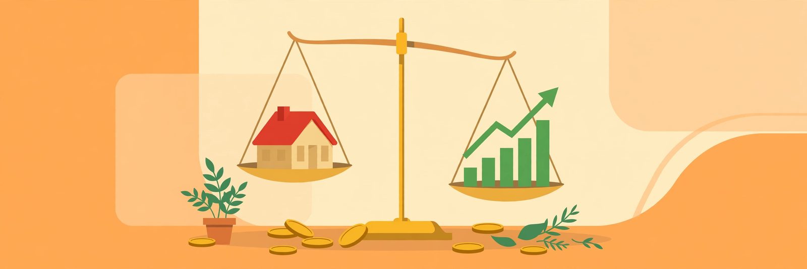Flat illustration of a balance scale weighing a small house on one side against a rising green growth chart on the other, gold coins scattered around the base, warm orange and cream colours, no text in the image
