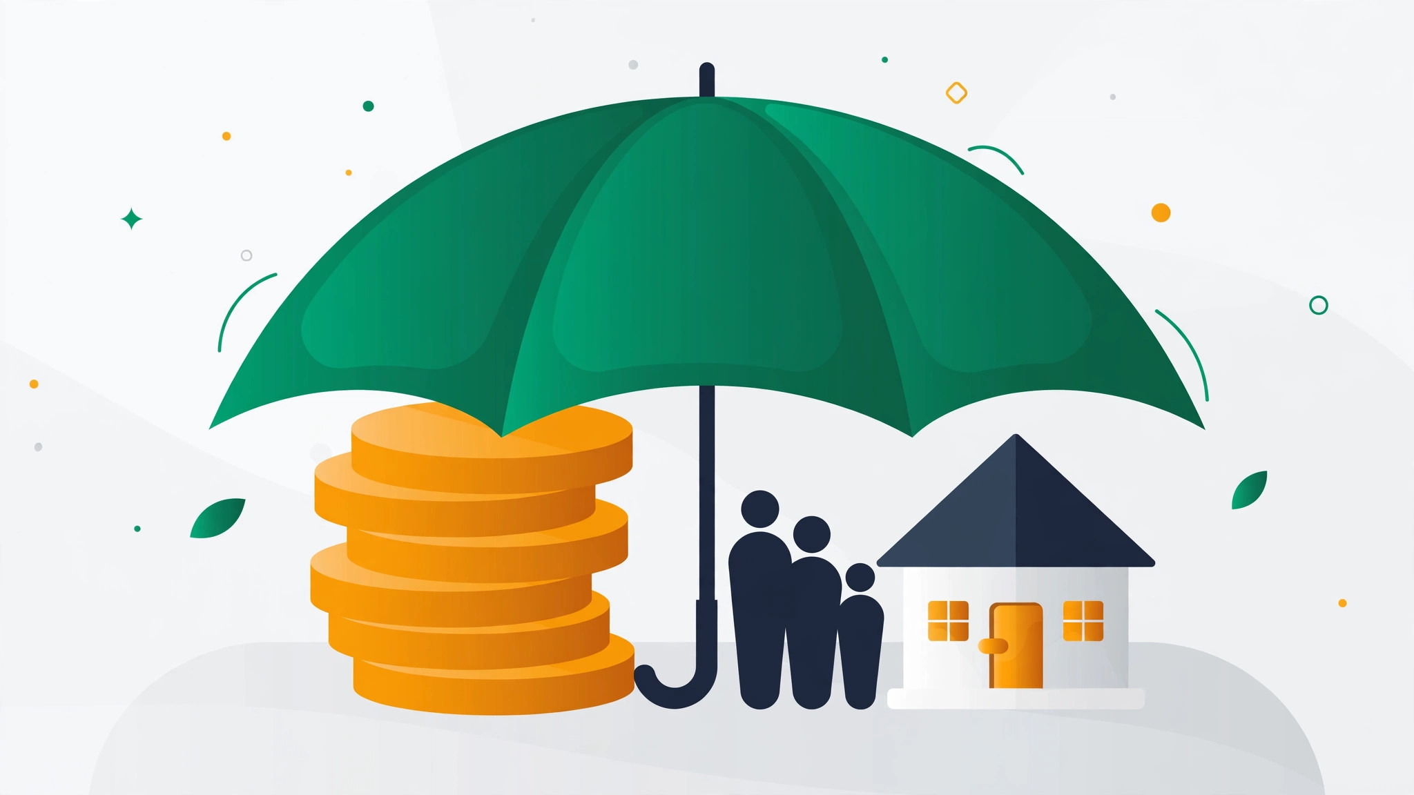 Flat illustration of a large umbrella shielding a stack of coins with a house and family safely underneath