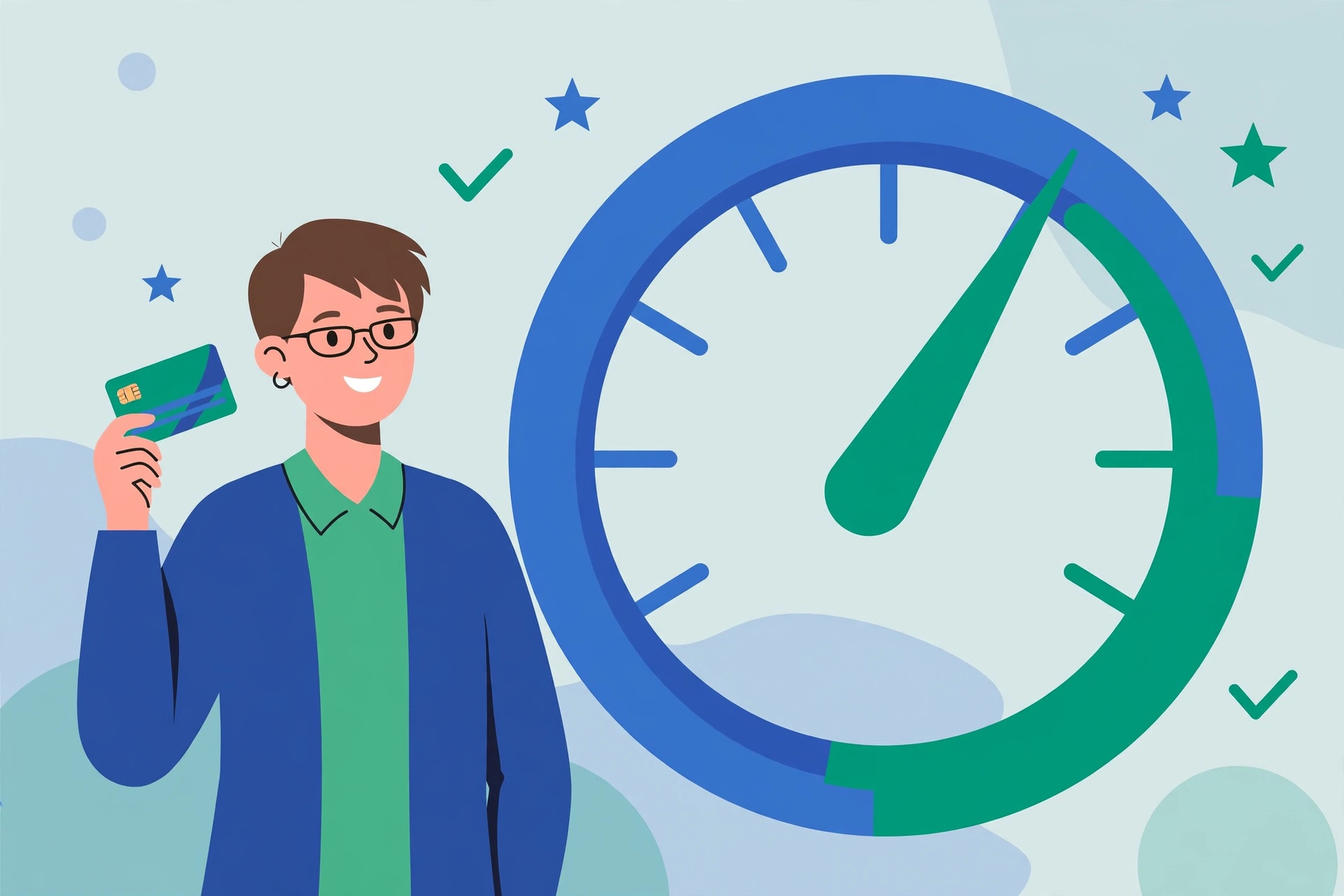 Flat illustration of a young Indian professional holding a credit card next to a large score meter showing 750, with small icons of a house, car and office around them, soft blue and amber tones, no text