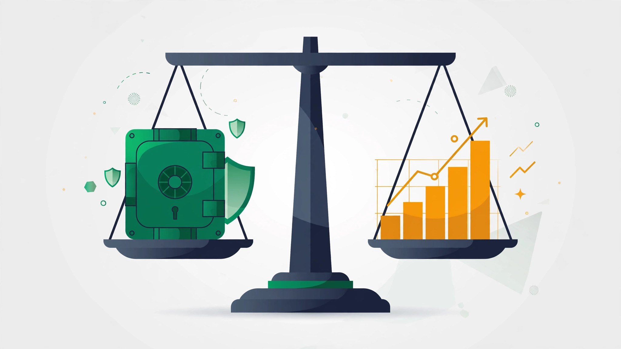 Flat illustration of a balance scale weighing a secure government vault against a rising growth chart