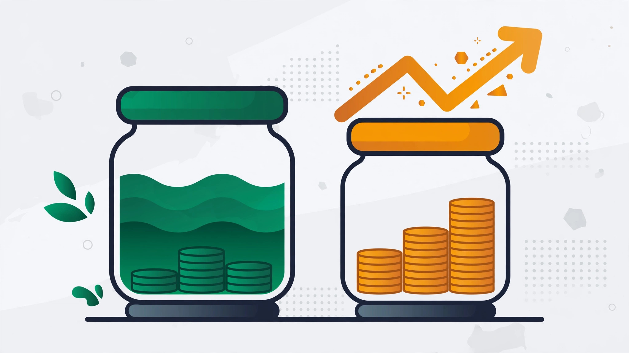 Flat illustration of two savings jars side by side, one steady and one with a rising trend arrow