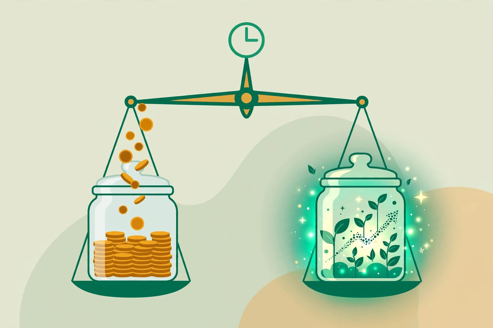 Flat vector illustration of a balance scale weighing two retirement jars — one with a small tax receipt marked today and one with a larger tax receipt marked later — in warm navy and amber tones, no text in the image.