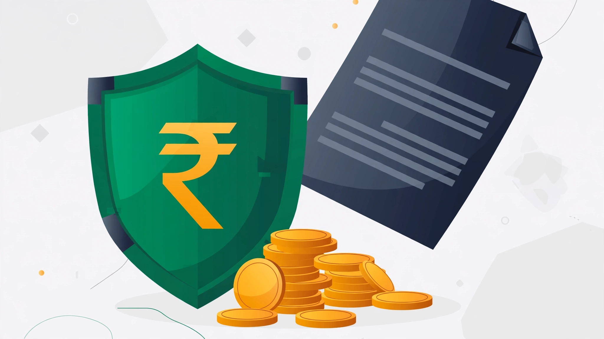 Flat illustration of a shield with a rupee symbol protecting a pile of coins from a tax document