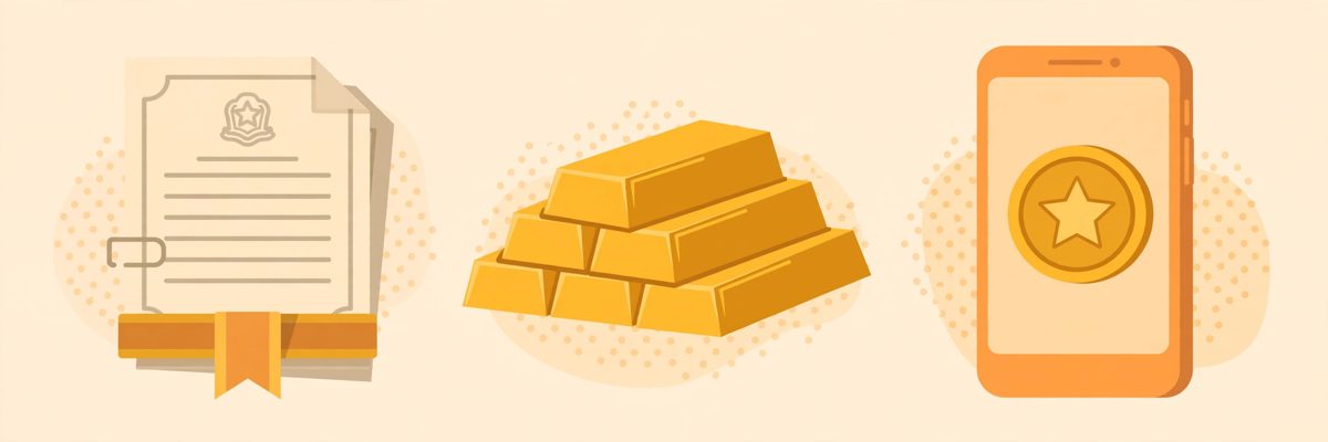 Flat illustration of three gold options side by side: a government bond document, a small stack of gold bars, and a phone showing a gold coin, warm orange and cream colours, no text in the image