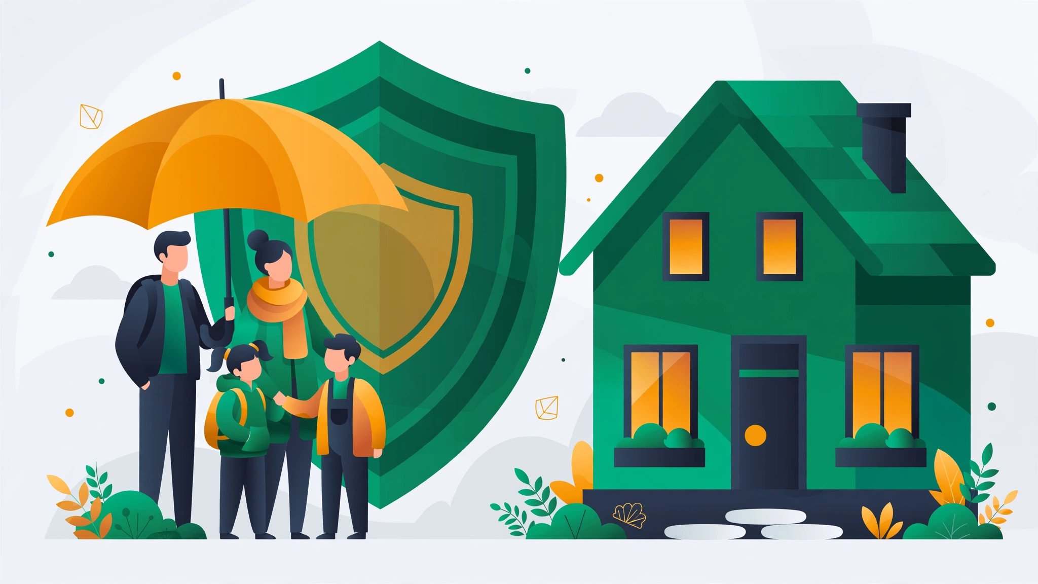 Flat illustration of a protective shield and umbrella sheltering a family standing beside their home