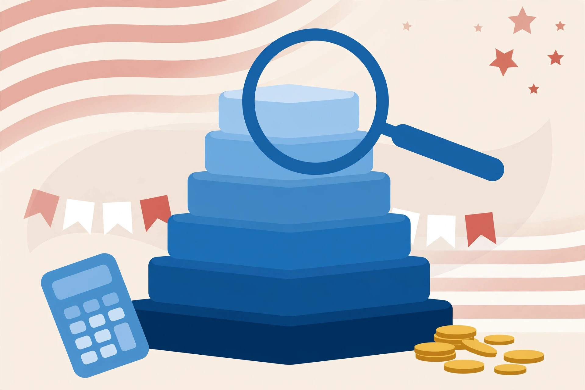 Flat illustration of a US tax return form with a layered cake-like stack of income slices in different shades of blue, a calculator, and a magnifying glass, no text in the image.