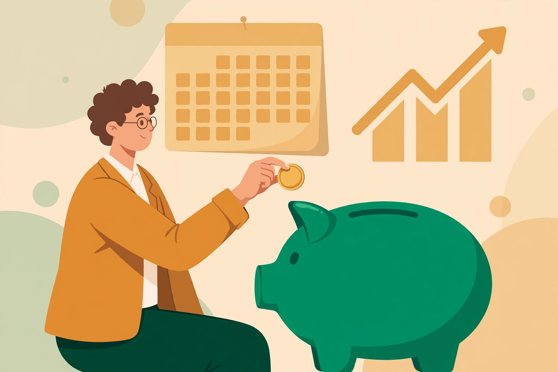 Flat illustration of a young office worker dropping a gold coin into a large piggy bank beside a calendar and a rising green arrow, warm orange and teal colors, no text