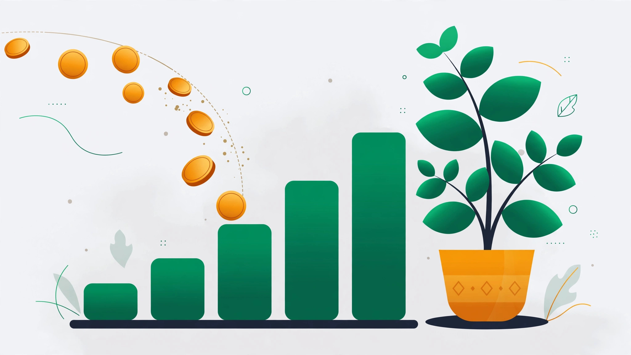 Flat illustration of monthly coins flowing into a growing bar chart beside a tall money plant showing compounding